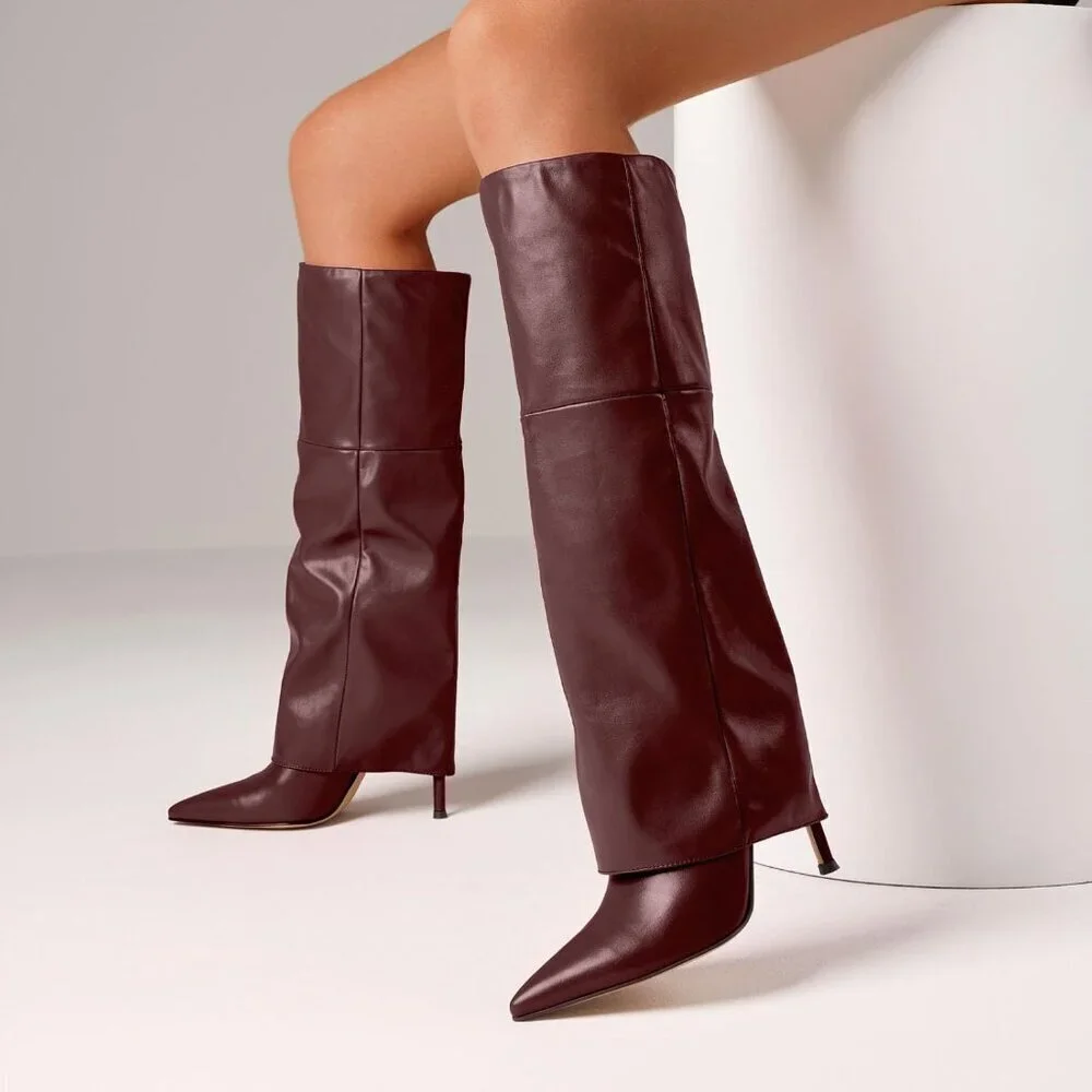 Women's Winered Knee High Wide Calf Pointed Toe Stiletto Fem Flame Stylish Heel